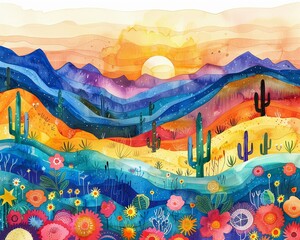 A vibrant watercolor illustration of a desert landscape at sunset, with colorful cacti flowers and natural desert elements