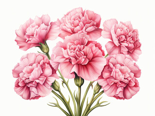 Watercolor painting of A bouquet of pink carnations is arranged in a vase