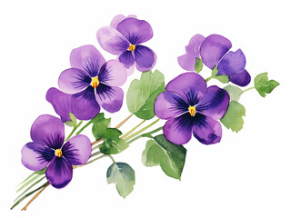 Watercolor painting of A painting of purple flowers with green leaves