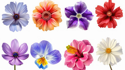 Collection head multicolored hibiscus flowers isolated on white background, Tropical plant. Flat lay, top view, Creative card,Set of colorful flower isolated, full bloom flora spring season,Flat lay 