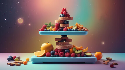 Balance avec des aliments santé sur fond coloré et lumineux. Beaucoup d'espace sur les deux tiers supérieurs de l'image. Style réaliste, 4K