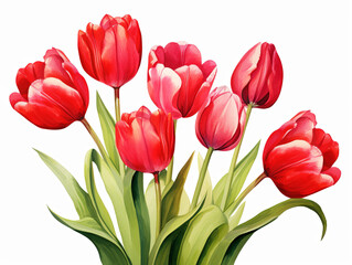 Fototapeta premium Watercolor painting of A bouquet of red tulips with green stems