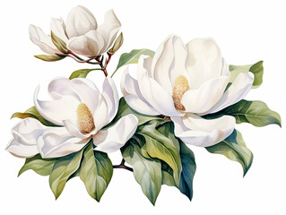 Watercolor painting of Three white flowers are in a row, with green leaves in between