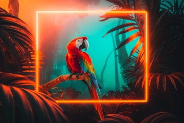 Neon Glow Highlighting a Scarlet Macaw in the Jungle