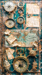screenshot of maritime items on a wooden table including a compass, astrolabe, blank map, and