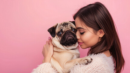 Beautiful young woman with cute pug dog on pink background