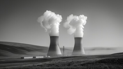 Nuclear Power Plant Towers at Sunrise Over Misty Field