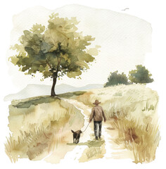 Man walking dog by a watercolor tree