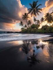 Beach Sunset with Palms and Moonlit Sky