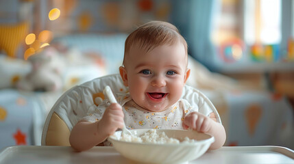close-up of happy smiling baby in high chair, eating, porridge