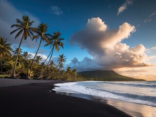Beach Sunset with Palms and Moonlit Sky