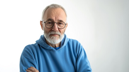Obraz premium happy senior man with glasses and beard wearing a blue sweatshirt on a grey background.
