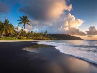 Beach Sunset with Palms and Moonlit Sky