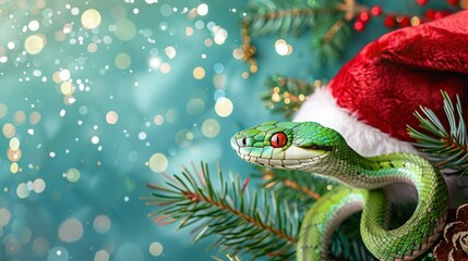 Fototapeta premium green snake with christmas tree branches and santa claus hat.