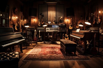 A Vintage Classic Music Recording Studio with Antique Instruments, Wooden Walls, and Soft Ambient Lighting
