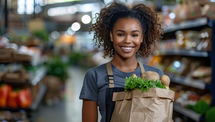 Young african american woman wearing volunteer uniform holding groceries paper bag - Powered by Adobe