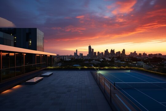 A Vibrant Sunset Over a Rooftop Tennis Court in the Heart of a Bustling Metropolis, Capturing the Perfect Blend of Urban Life and Sport