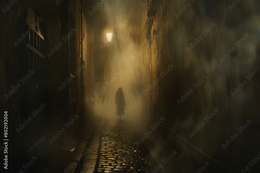 Wall mural A shadowy figure lurks at the end of a misty - lamplit alley - embodying dread and mystery in a suspenseful horror tableau