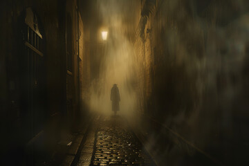 A shadowy figure lurks at the end of a misty - lamplit alley - embodying dread and mystery in a...