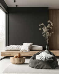 Contemporary minimalist living room space in neutral tones. Interior design composition with minimal elements