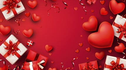 Valentine red background with gift and hearts.