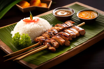 grilled Pork with rice on background