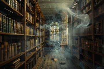 In a haunted library - books fall and soft murmurs echo - suggesting the eerie presence of past readers