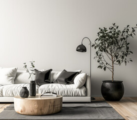 Contemporary minimalist living room space in neutral tones. Interior design composition with minimal elements
