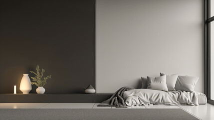 Contemporary minimalist living room space in neutral tones. Interior design composition with minimal elements