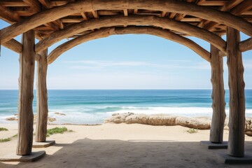 A Serene Summer Afternoon at a Rustic Wooden Beach Pavilion Overlooking the Crystal Clear Ocean Waves