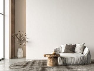 Contemporary minimalist living room space in neutral tones. Interior design composition with minimal elements