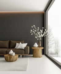 Contemporary minimalist living room space in neutral tones. Interior design composition with minimal elements