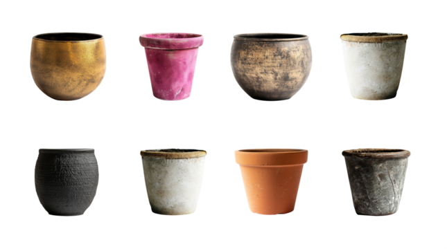 MEGA PACK of empty plant pots. Various colors and styles. Premium pen tool cutout with transparent background PNG. Collection 01