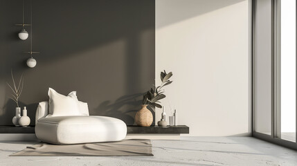 Contemporary minimalist living room space in neutral tones. Interior design composition with minimal elements