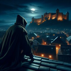 Medieval fantasy thief on rooftops at night looking over city and castle, AI