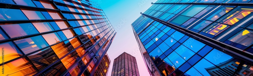 Wall mural Dynamic architectural perspective of glass skyscrapers under a vibrant sky, highlighting modern urban design and reflective surfaces