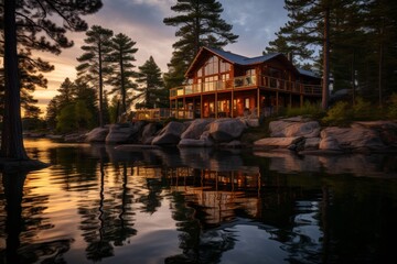 Obraz premium A Serene Lakeside Fishing Lodge Nestled Amongst Towering Pine Trees, Reflecting on the Calm Water as the Sun Sets