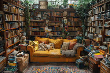 Room with a disordered library and couch