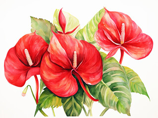 Watercolor painting of Three red flowers with green leaves