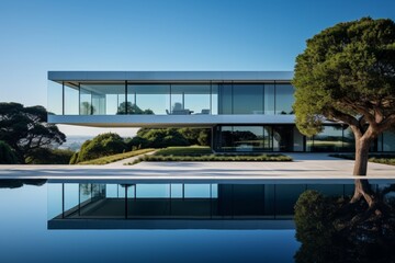 Fototapeta premium Modern Linear Bar House Architecture with a Minimalist Design, Surrounded by Lush Greenery and a Clear Blue Sky