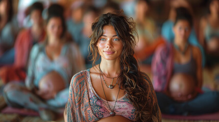 portrait of beautiful young caucasian pregnant woman assisting a prenatal fitness or yoga group class, healthy pregnancy, mindfulness, zen vibes