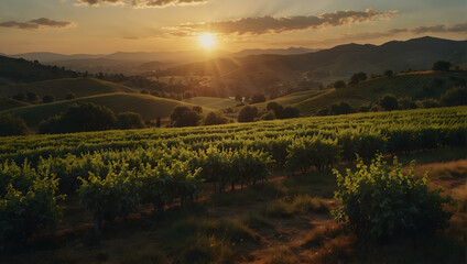 Fototapeta premium Romantic Sunset Serenade: Couple Enjoying a Lush Vineyard Symphony at Dusk