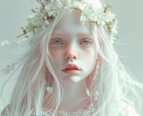 albino girl with a wreath of flowers on her head.