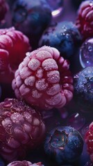 A beautiful close up photograph of fruit, with raspberries, blueberries and blackberries, studio shot. High quality photo