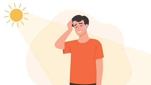 man sweating due to sun rays heat in summer animation