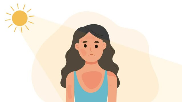 sun tanning on girl with extreme uv rays from sun damaging skin cells animation