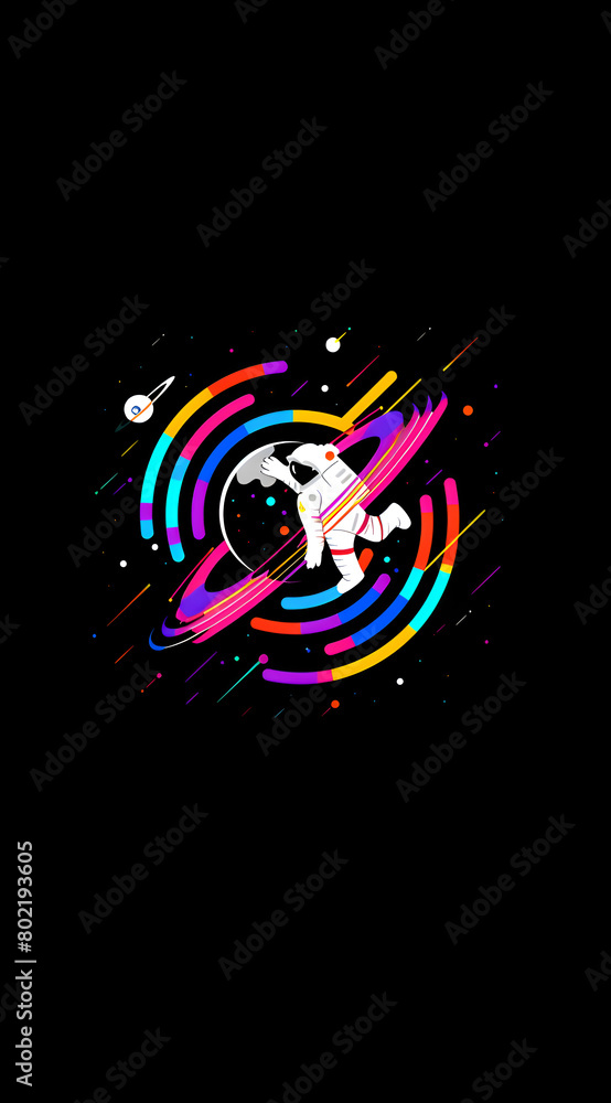 Poster a colorful space scene with a man in a spacesuit. the man is holding a ball and is surrounded by a c