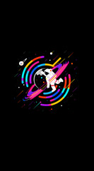 A colorful space scene with a man in a spacesuit. The man is holding a ball and is surrounded by a colorful spiral. Generative AI