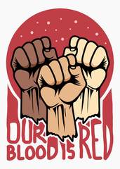 Illustration of hands in different skin color but the blood is still red