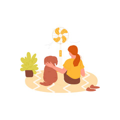 Girl and dog sitting at electric fan in summer heat, back view vector illustration